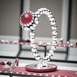 Silver Beaded Ring with Red Gem Birthday Bloom January Size 7